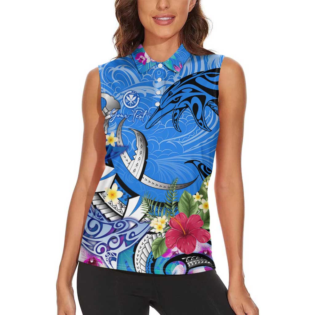 Aloha Hawaii Women Sleeveless Polo Shirt Dolphins and Fish Hook Hibiscus