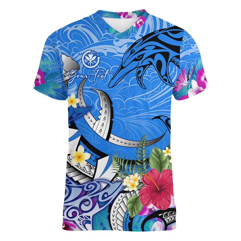 Aloha Hawaii Women V-Neck T-Shirt Dolphins and Fish Hook Hibiscus