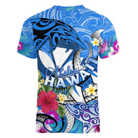 Aloha Hawaii Women V-Neck T-Shirt Dolphins and Fish Hook Hibiscus