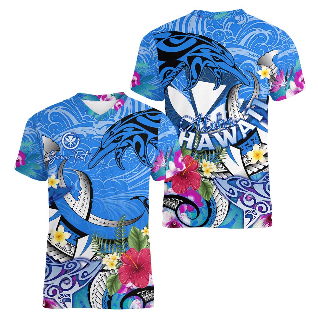 Aloha Hawaii Women V-Neck T-Shirt Dolphins and Fish Hook Hibiscus