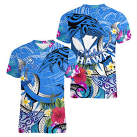 Aloha Hawaii Women V-Neck T-Shirt Dolphins and Fish Hook Hibiscus