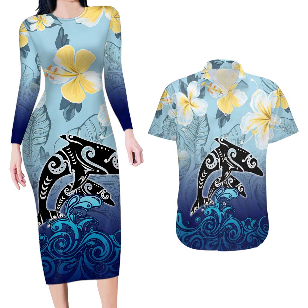 Mother And Baby Dolphins Couples Matching Long Sleeve Bodycon Dress and Hawaiian Shirt Hawaii Hibiscus DT02 Blue - Polynesian Pride