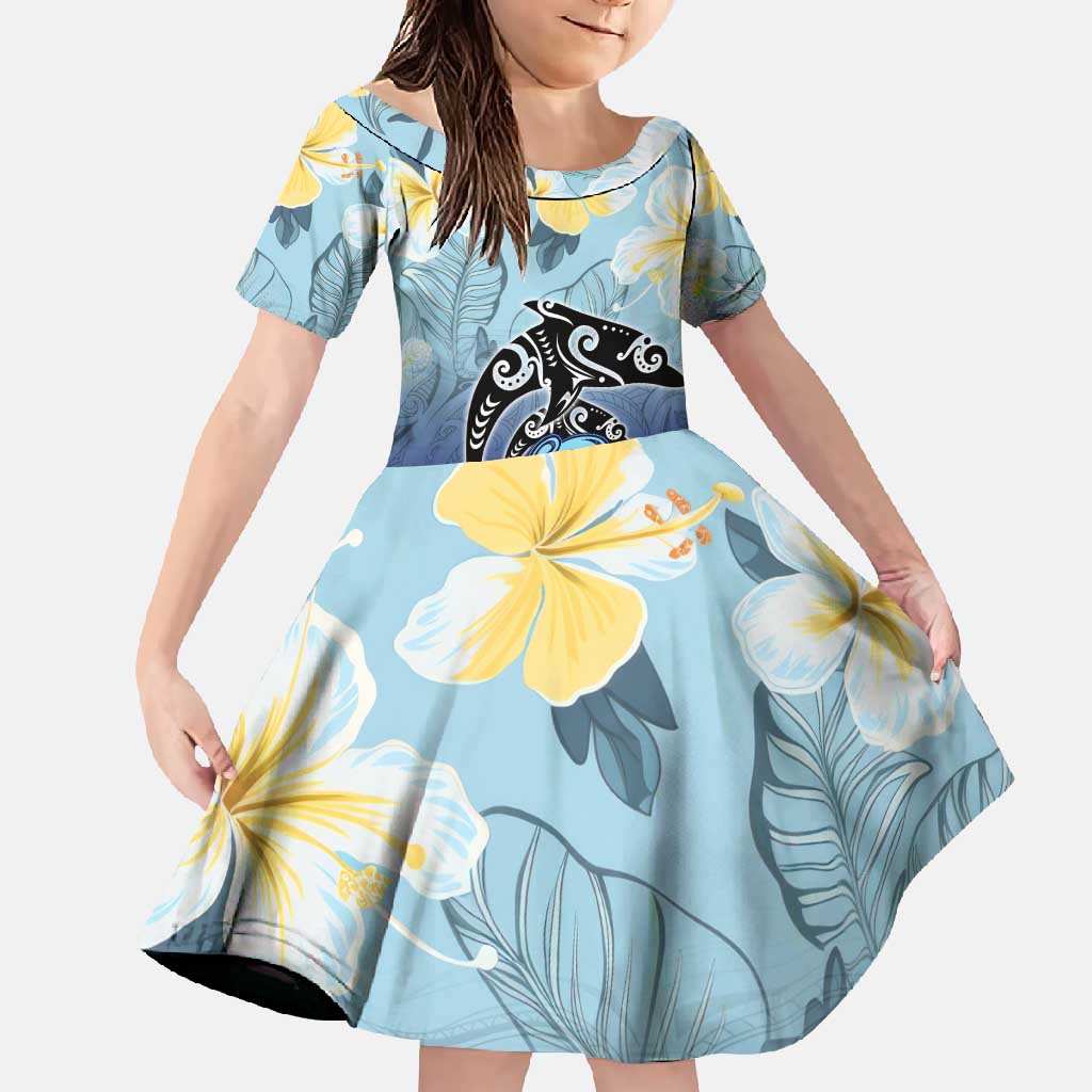 Mother And Baby Dolphins Family Matching Long Sleeve Bodycon Dress and Hawaiian Shirt Hawaii Hibiscus DT02 Daughter's Dress Blue - Polynesian Pride