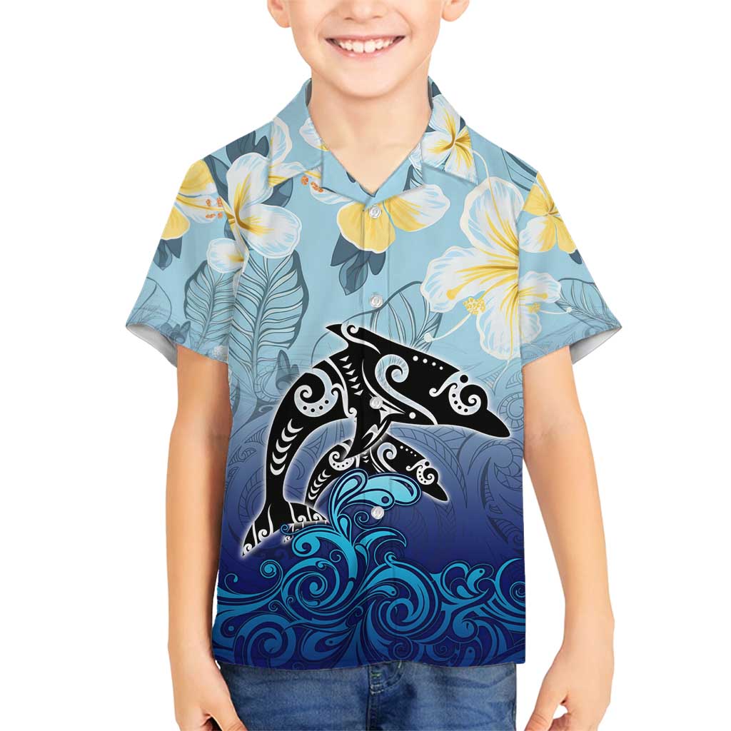 Mother And Baby Dolphins Family Matching Long Sleeve Bodycon Dress and Hawaiian Shirt Hawaii Hibiscus DT02 Son's Shirt Blue - Polynesian Pride