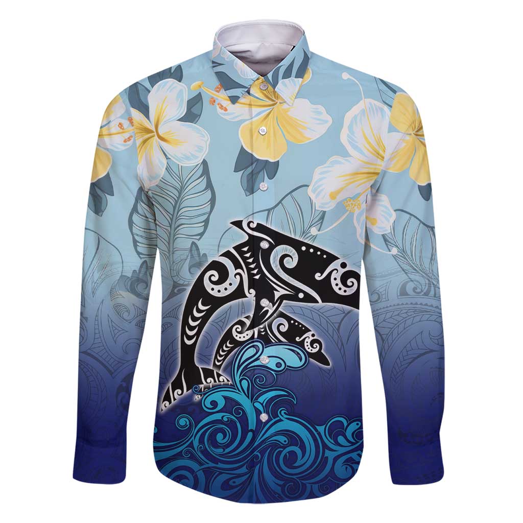 Mother And Baby Dolphins Family Matching Off Shoulder Maxi Dress and Hawaiian Shirt Hawaii Hibiscus DT02 Dad's Shirt - Long Sleeve Blue - Polynesian Pride