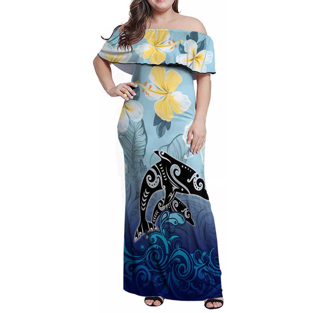 Mother And Baby Dolphins Family Matching Off Shoulder Maxi Dress and Hawaiian Shirt Hawaii Hibiscus DT02 Mom's Dress Blue - Polynesian Pride