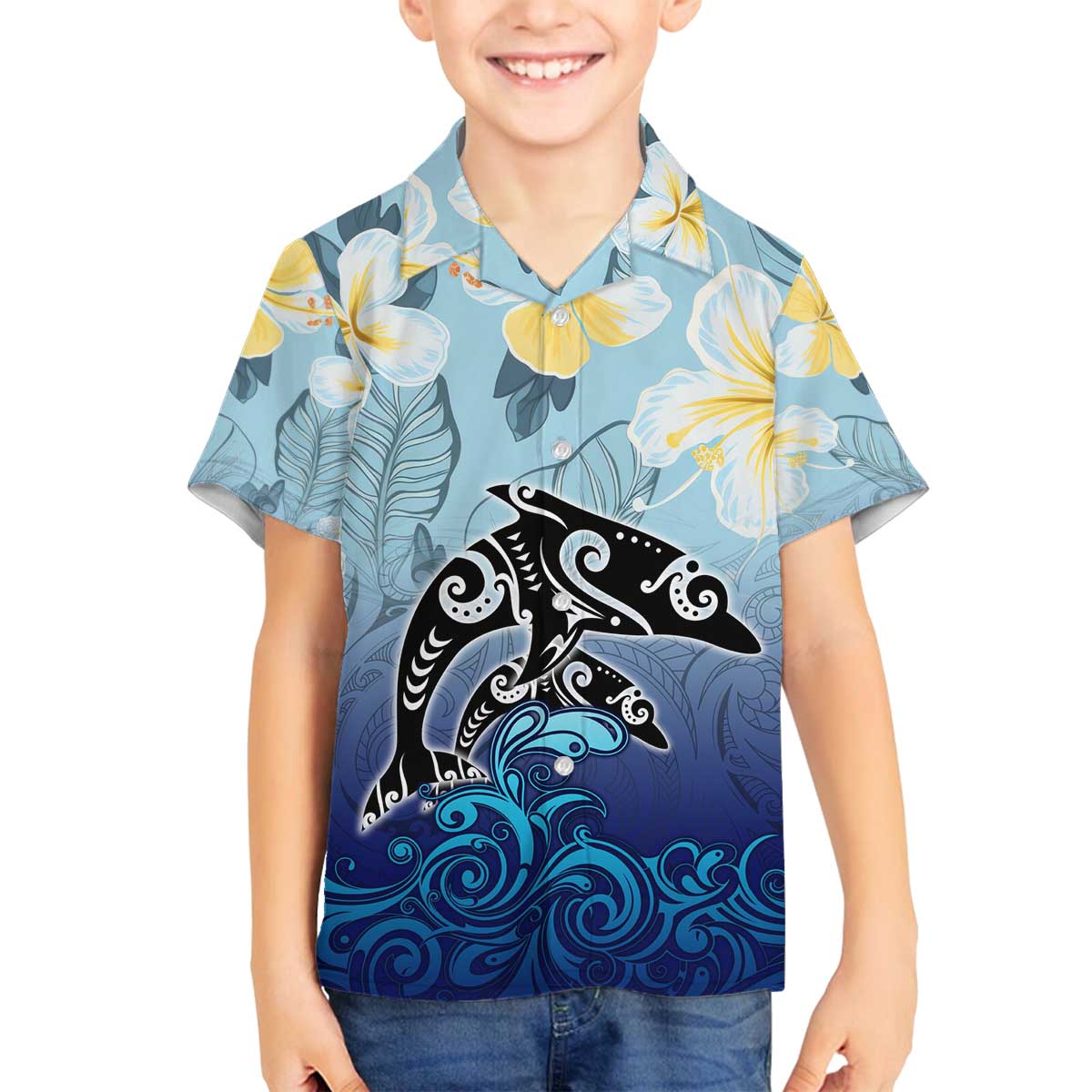 Mother And Baby Dolphins Family Matching Puletasi and Hawaiian Shirt Hawaii Hibiscus DT02 Son's Shirt Blue - Polynesian Pride