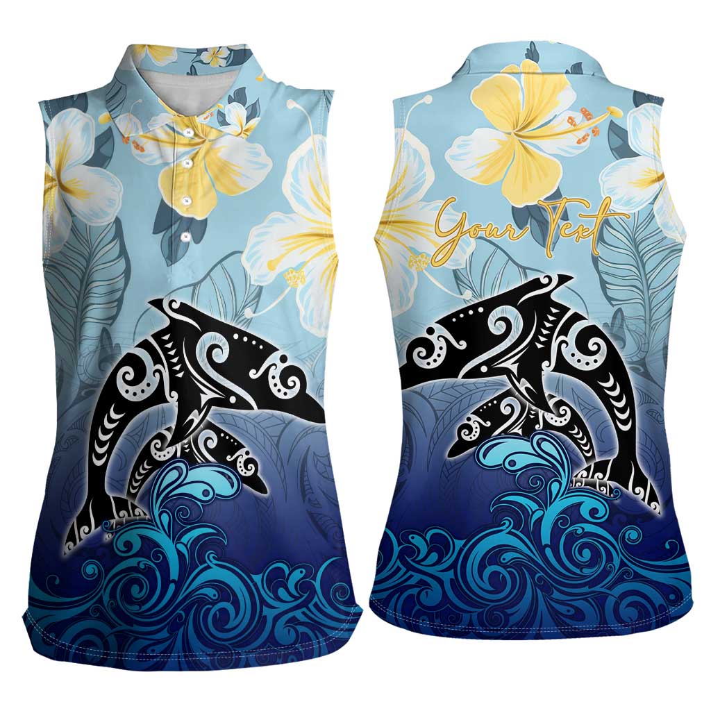 Mother And Baby Dolphins Women Sleeveless Polo Shirt Hawaii Hibiscus