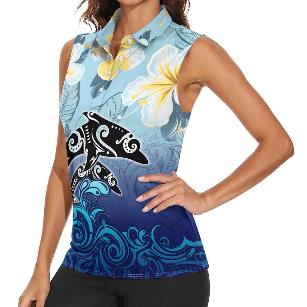Mother And Baby Dolphins Women Sleeveless Polo Shirt Hawaii Hibiscus