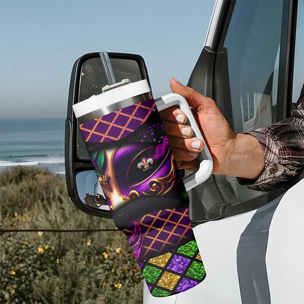 Happy Mardi Gras Tumbler With Handle Mask Feather Colorfull