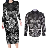 Personalized All Black Couples Matching Long Sleeve Bodycon Dress and Long Sleeve Button Shirt New Zealand Rugby Mascot Maori DT02 Black - Polynesian Pride