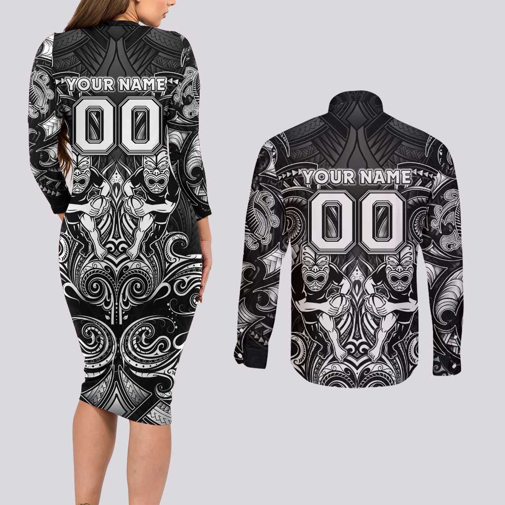 Personalized All Black Couples Matching Long Sleeve Bodycon Dress and Long Sleeve Button Shirt New Zealand Rugby Mascot Maori DT02 - Polynesian Pride