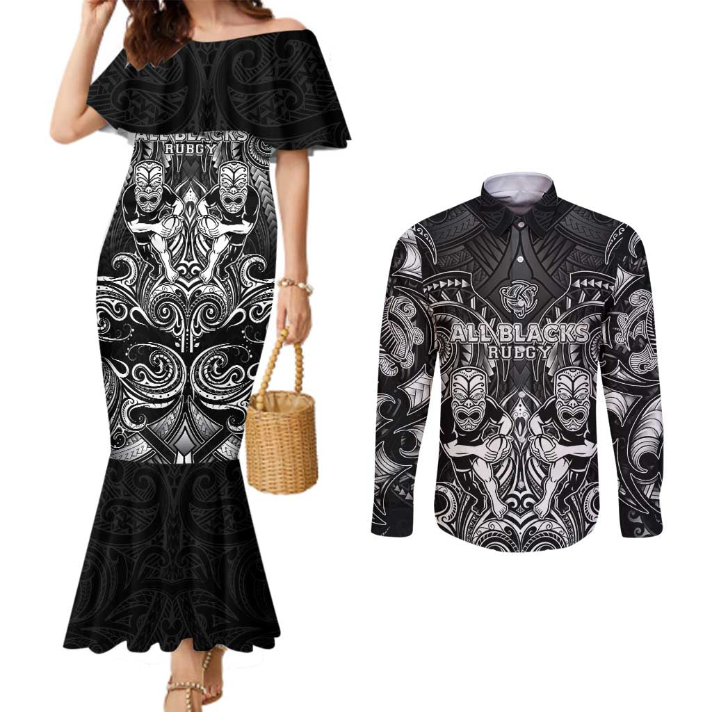 Personalized All Black Couples Matching Mermaid Dress and Long Sleeve Button Shirt New Zealand Rugby Mascot Maori