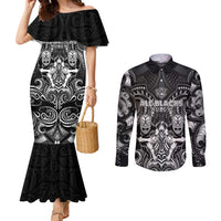 Personalized All Black Couples Matching Mermaid Dress and Long Sleeve Button Shirt New Zealand Rugby Mascot Maori