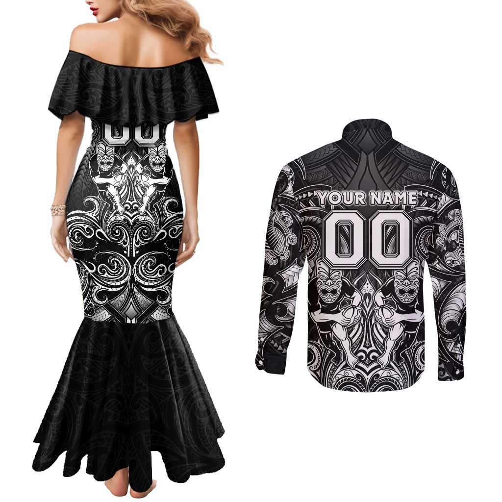 Personalized All Black Couples Matching Mermaid Dress and Long Sleeve Button Shirt New Zealand Rugby Mascot Maori
