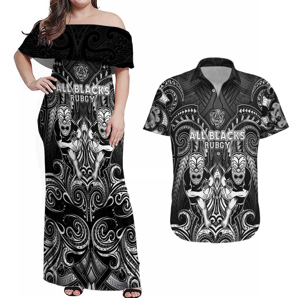 Personalized All Black Couples Matching Off Shoulder Maxi Dress and Hawaiian Shirt New Zealand Rugby Mascot Maori DT02 Black - Polynesian Pride