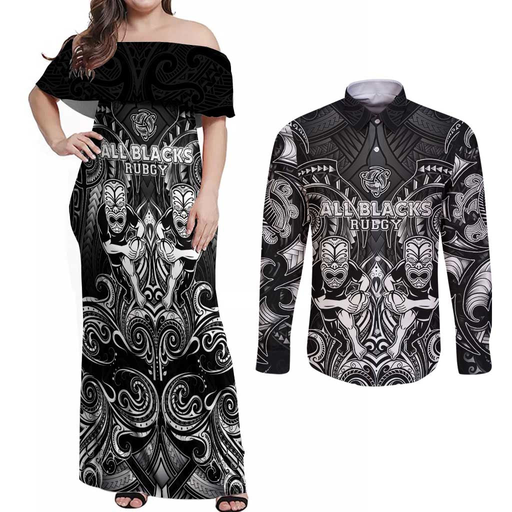 Personalized All Black Couples Matching Off Shoulder Maxi Dress and Long Sleeve Button Shirt New Zealand Rugby Mascot Maori