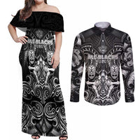 Personalized All Black Couples Matching Off Shoulder Maxi Dress and Long Sleeve Button Shirt New Zealand Rugby Mascot Maori