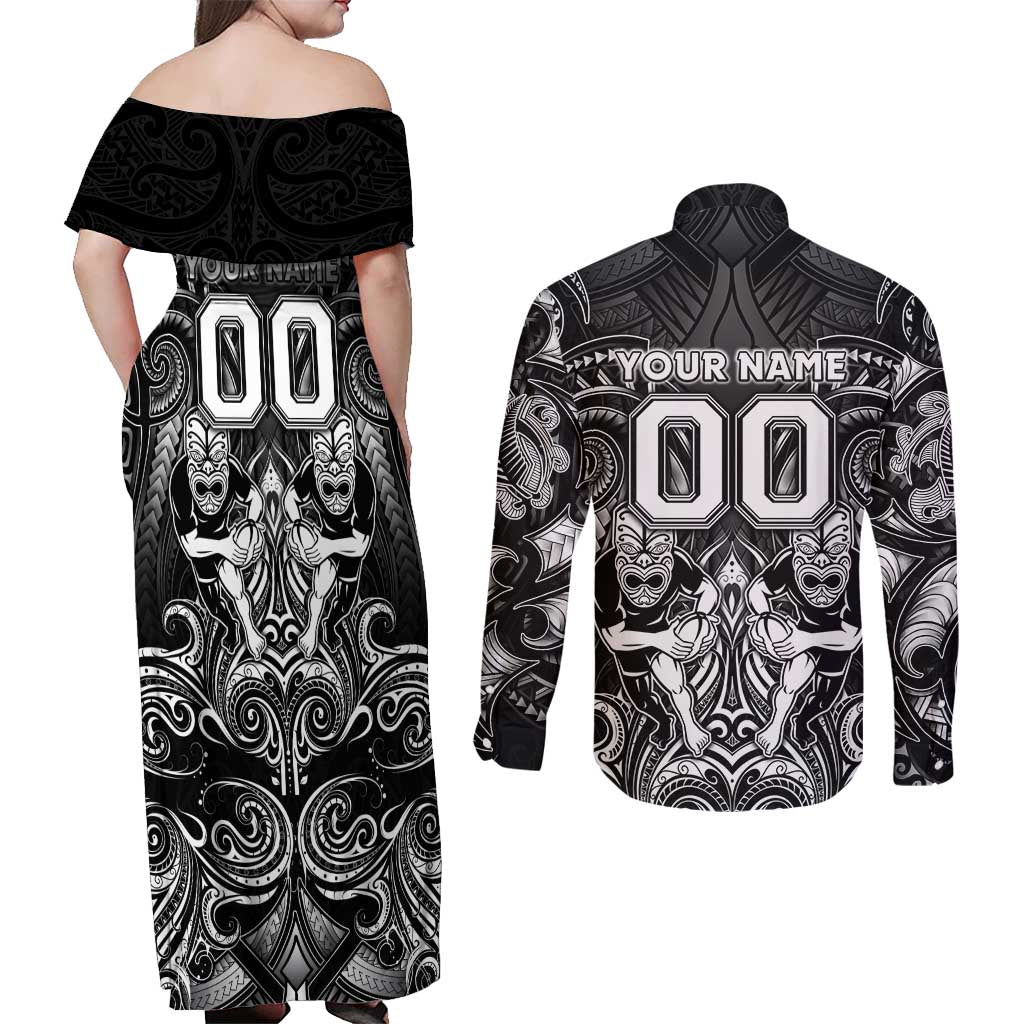 Personalized All Black Couples Matching Off Shoulder Maxi Dress and Long Sleeve Button Shirt New Zealand Rugby Mascot Maori