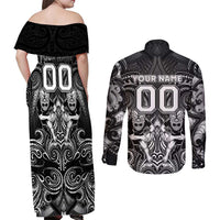 Personalized All Black Couples Matching Off Shoulder Maxi Dress and Long Sleeve Button Shirt New Zealand Rugby Mascot Maori