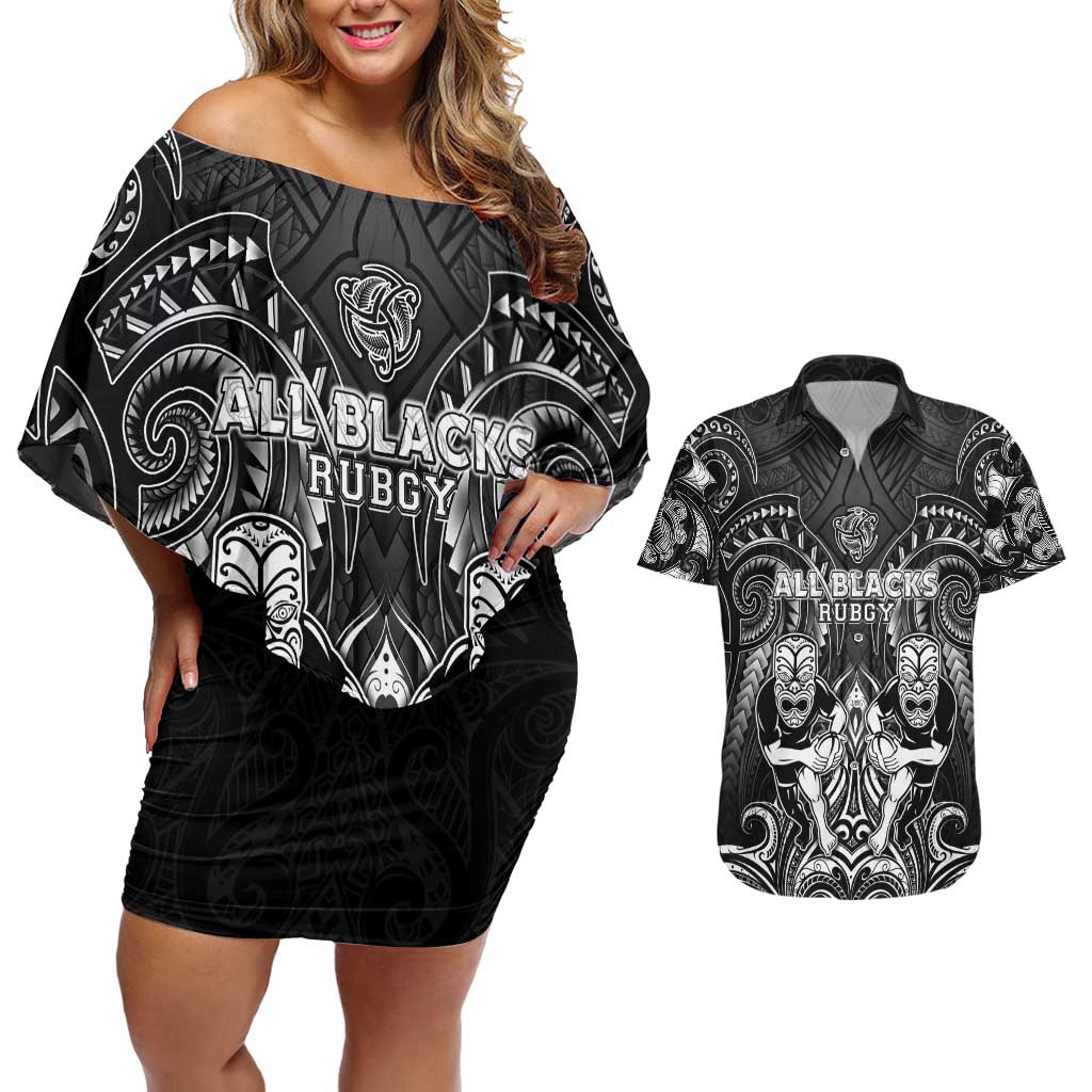 Personalized All Black Couples Matching Off Shoulder Short Dress and Hawaiian Shirt New Zealand Rugby Mascot Maori DT02 Black - Polynesian Pride