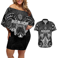 Personalized All Black Couples Matching Off Shoulder Short Dress and Hawaiian Shirt New Zealand Rugby Mascot Maori DT02 Black - Polynesian Pride
