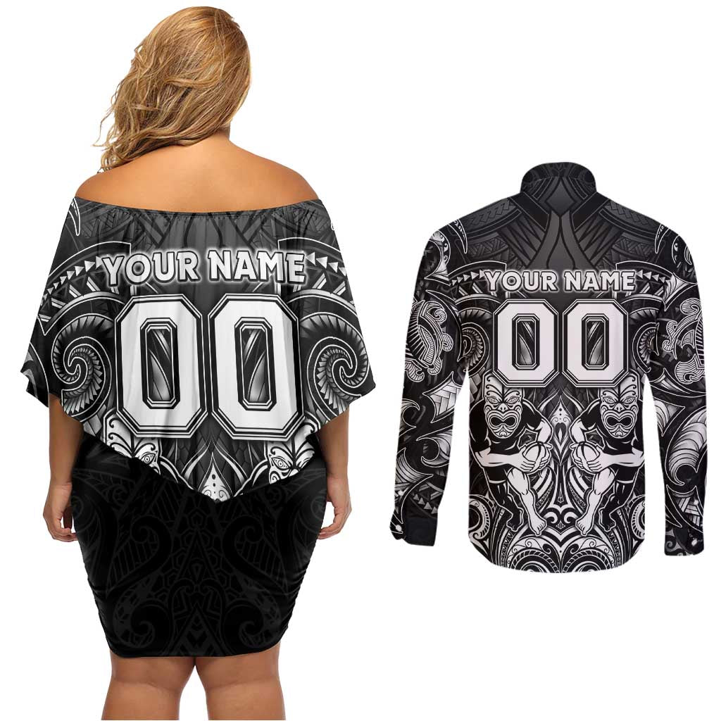 Personalized All Black Couples Matching Off Shoulder Short Dress and Long Sleeve Button Shirt New Zealand Rugby Mascot Maori