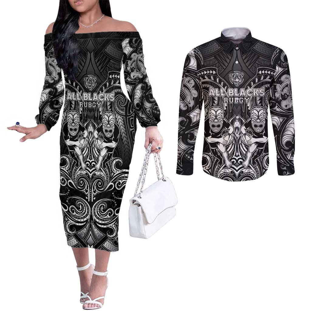 Personalized All Black Couples Matching Off The Shoulder Long Sleeve Dress and Long Sleeve Button Shirt New Zealand Rugby Mascot Maori DT02 Black - Polynesian Pride