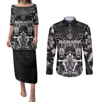 Personalized All Black Couples Matching Puletasi and Long Sleeve Button Shirt New Zealand Rugby Mascot Maori