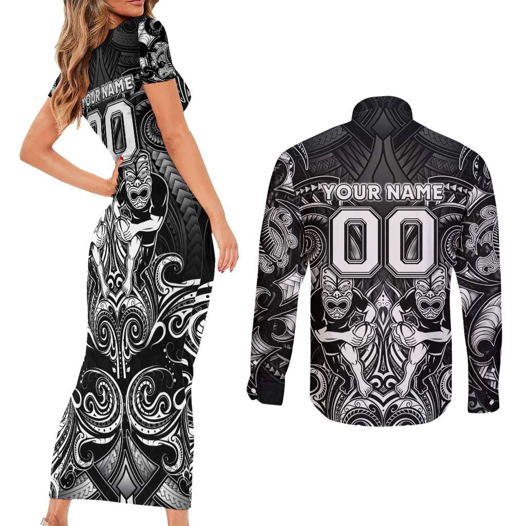 Personalized All Black Couples Matching Short Sleeve Bodycon Dress and Long Sleeve Button Shirt New Zealand Rugby Mascot Maori DT02 - Polynesian Pride