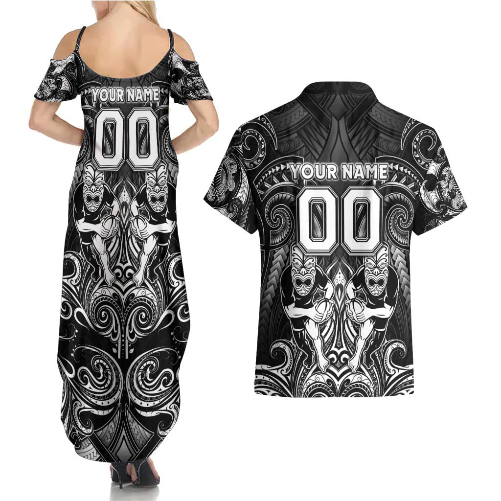 Personalized All Black Couples Matching Summer Maxi Dress and Hawaiian Shirt New Zealand Rugby Mascot Maori DT02 - Polynesian Pride