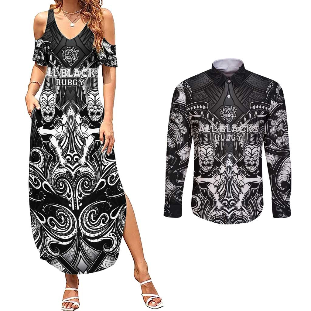 Personalized All Black Couples Matching Summer Maxi Dress and Long Sleeve Button Shirt New Zealand Rugby Mascot Maori
