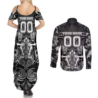 Personalized All Black Couples Matching Summer Maxi Dress and Long Sleeve Button Shirt New Zealand Rugby Mascot Maori