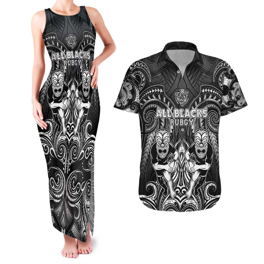 Personalized All Black Couples Matching Tank Maxi Dress and Hawaiian Shirt New Zealand Rugby Mascot Maori DT02 Black - Polynesian Pride