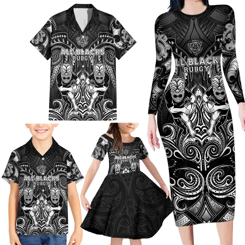 Personalized All Black Family Matching Long Sleeve Bodycon Dress and Hawaiian Shirt New Zealand Rugby Mascot Maori DT02 - Polynesian Pride