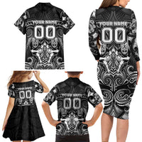 Personalized All Black Family Matching Long Sleeve Bodycon Dress and Hawaiian Shirt New Zealand Rugby Mascot Maori DT02 - Polynesian Pride