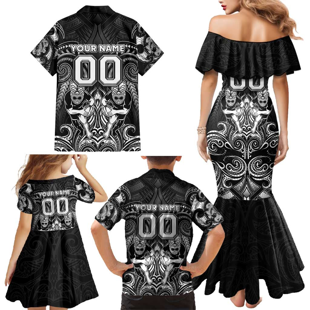 Personalized All Black Family Matching Mermaid Dress and Hawaiian Shirt New Zealand Rugby Mascot Maori DT02 - Polynesian Pride