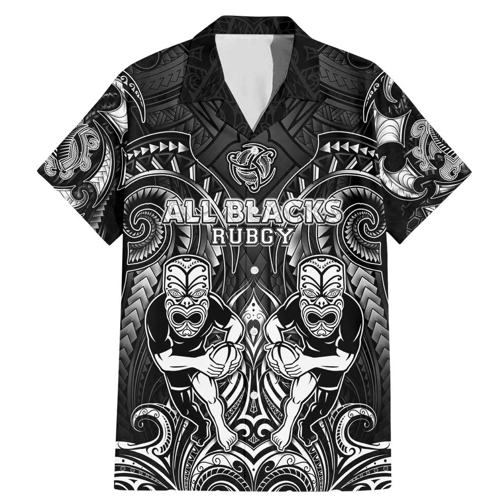 Personalized All Black Family Matching Mermaid Dress and Hawaiian Shirt New Zealand Rugby Mascot Maori DT02 Dad's Shirt - Short Sleeve Black - Polynesian Pride