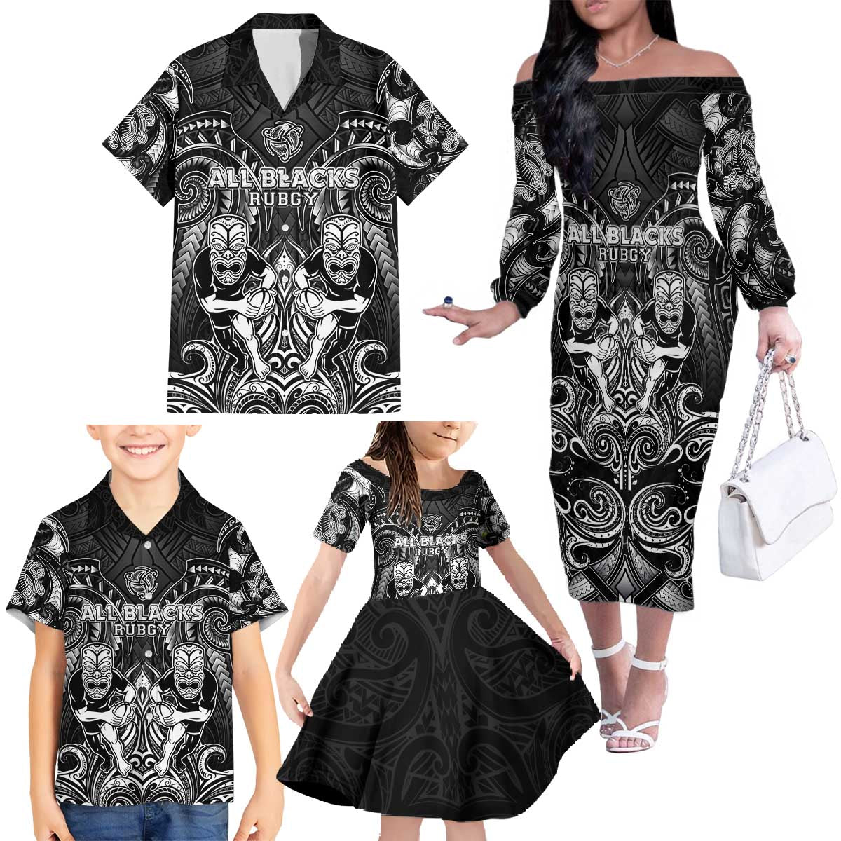 Personalized All Black Family Matching Off The Shoulder Long Sleeve Dress and Hawaiian Shirt New Zealand Rugby Mascot Maori DT02 - Polynesian Pride