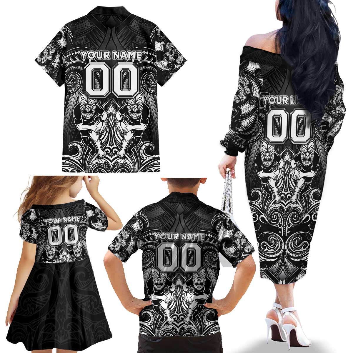 Personalized All Black Family Matching Off The Shoulder Long Sleeve Dress and Hawaiian Shirt New Zealand Rugby Mascot Maori DT02 - Polynesian Pride