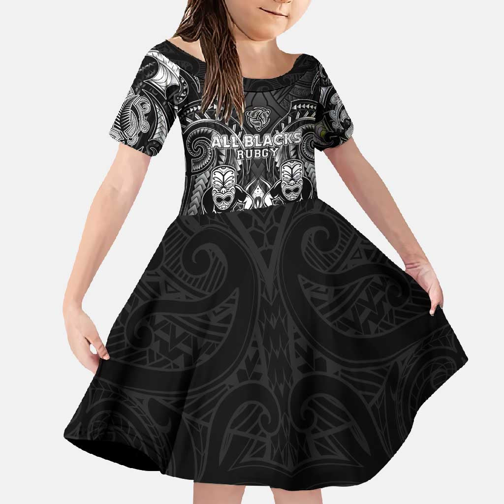 Personalized All Black Family Matching Off Shoulder Maxi Dress and Hawaiian Shirt New Zealand Rugby Mascot Maori DT02 Daughter's Dress Black - Polynesian Pride