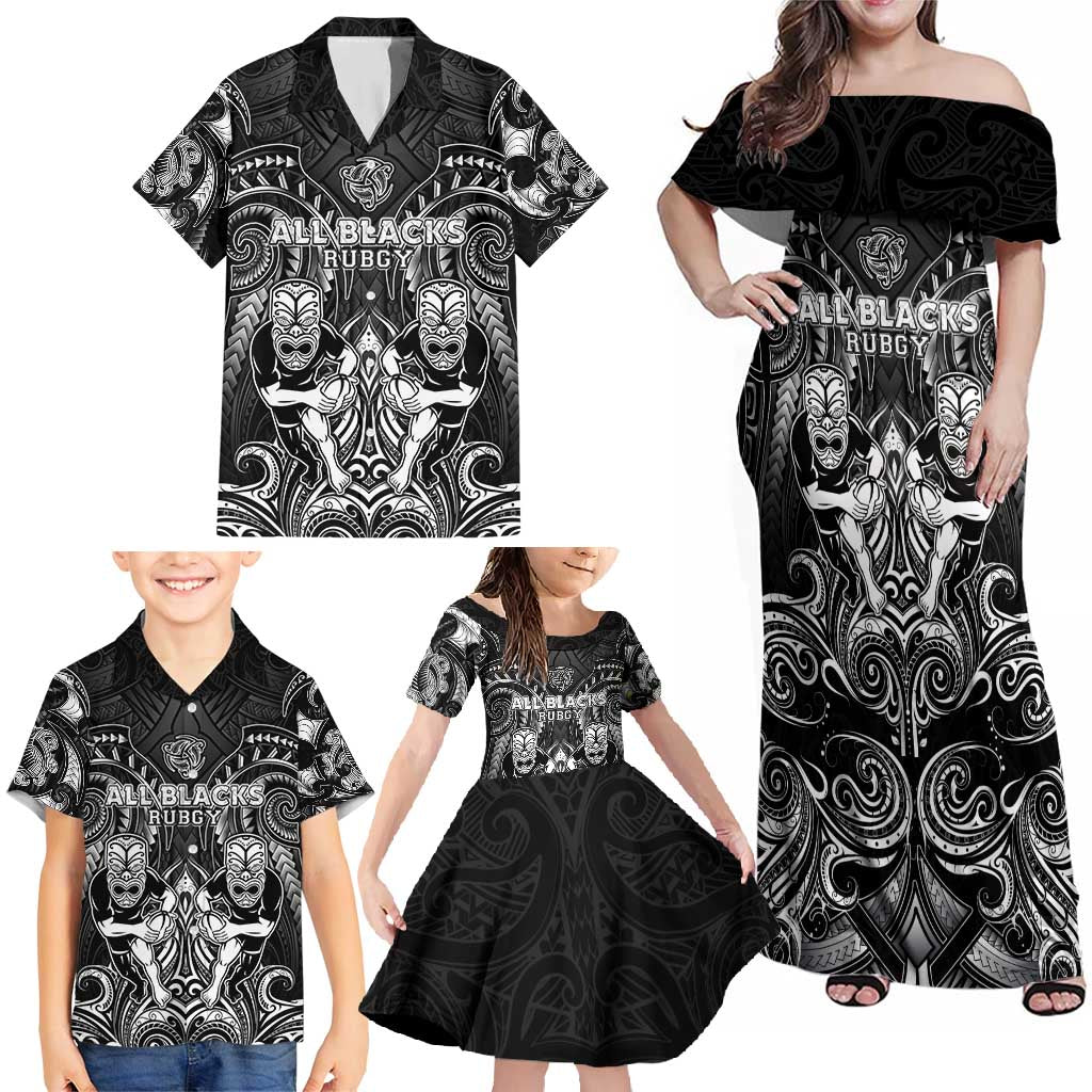 Personalized All Black Family Matching Off Shoulder Maxi Dress and Hawaiian Shirt New Zealand Rugby Mascot Maori DT02 - Polynesian Pride