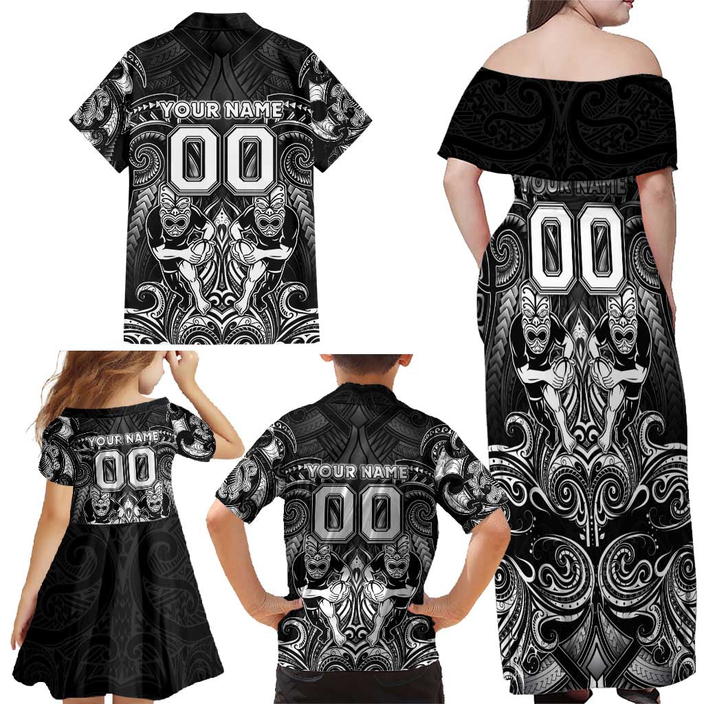 Personalized All Black Family Matching Off Shoulder Maxi Dress and Hawaiian Shirt New Zealand Rugby Mascot Maori DT02 - Polynesian Pride