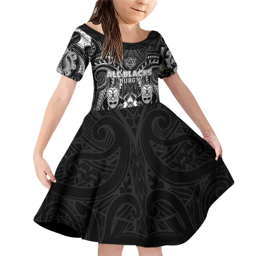 Personalized All Black Family Matching Off Shoulder Short Dress and Hawaiian Shirt New Zealand Rugby Mascot Maori DT02 Daughter's Dress Black - Polynesian Pride