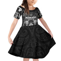 Personalized All Black Family Matching Off Shoulder Short Dress and Hawaiian Shirt New Zealand Rugby Mascot Maori DT02 Daughter's Dress Black - Polynesian Pride