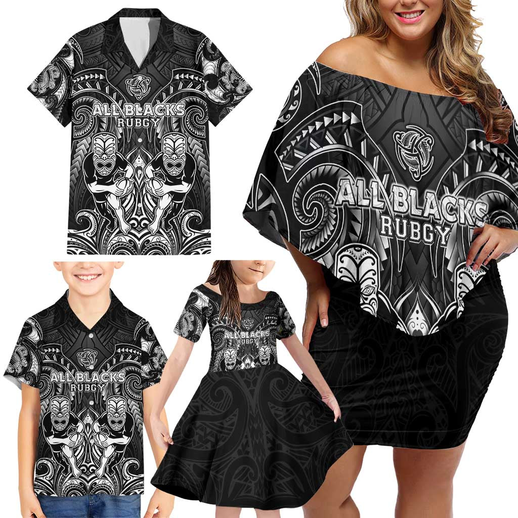 Personalized All Black Family Matching Off Shoulder Short Dress and Hawaiian Shirt New Zealand Rugby Mascot Maori DT02 - Polynesian Pride