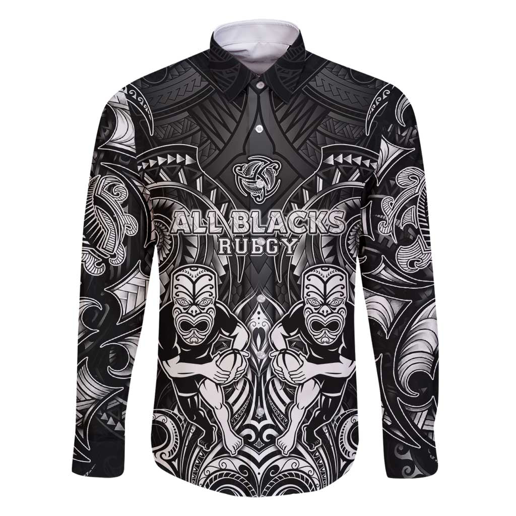Personalized All Black Family Matching Off Shoulder Short Dress and Hawaiian Shirt New Zealand Rugby Mascot Maori DT02 Dad's Shirt - Long Sleeve Black - Polynesian Pride