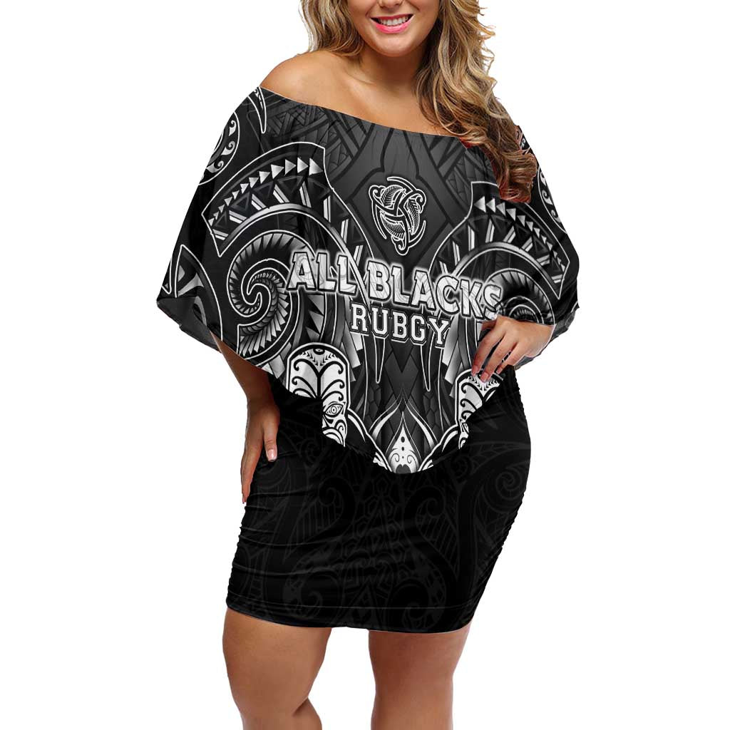 Personalized All Black Family Matching Off Shoulder Short Dress and Hawaiian Shirt New Zealand Rugby Mascot Maori DT02 Mom's Dress Black - Polynesian Pride