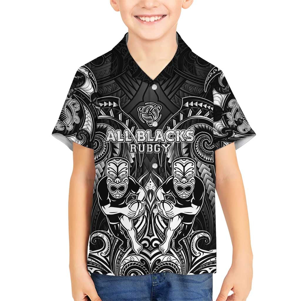Personalized All Black Family Matching Off Shoulder Short Dress and Hawaiian Shirt New Zealand Rugby Mascot Maori DT02 Son's Shirt Black - Polynesian Pride