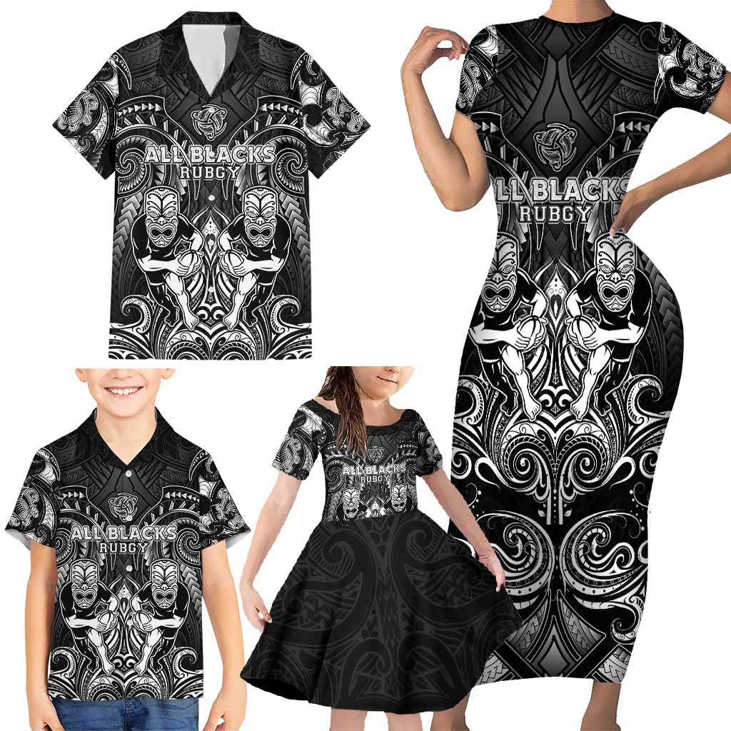 Personalized All Black Family Matching Short Sleeve Bodycon Dress and Hawaiian Shirt New Zealand Rugby Mascot Maori DT02 - Polynesian Pride